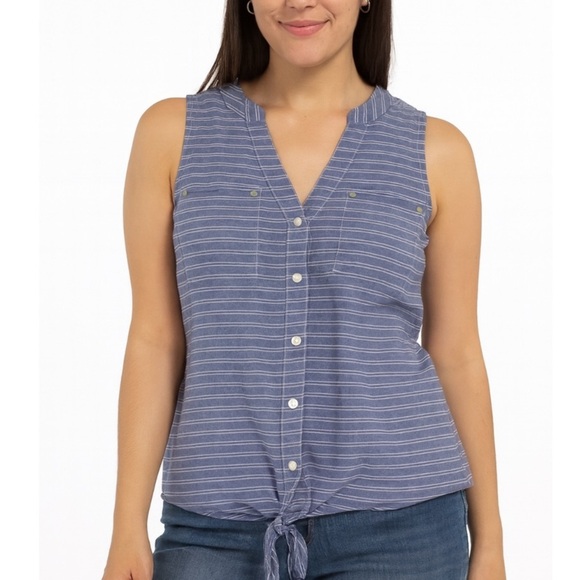 Anne Klein top blue & white striped 100% cotton sleeveless button up knot tie Sm - Picture 1 of 9